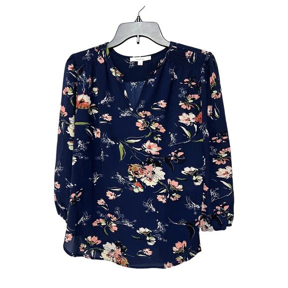 Fun2Fun Top Floral Split Neck Popover Blouse Navy Size Small NEW - Picture 2 of 11